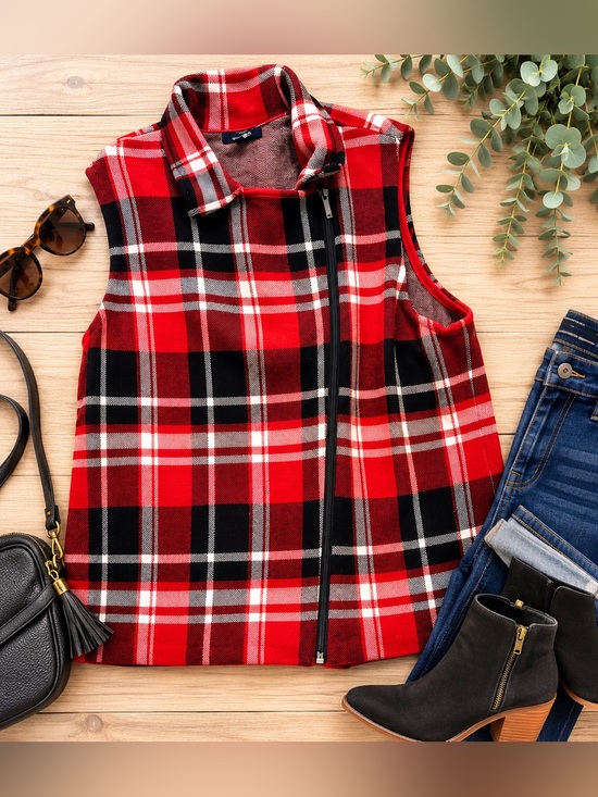 Chaps Tops - Chaps Red Black Plaid Asymmetrical Zip Sweater Vest XXL Like New